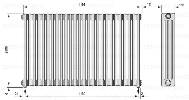 Схема (чертеж) Радиатор Zehnder Charleston 4280/26 №3570 Белый глянцевый RAL 9016
